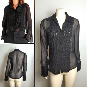 Zoe D. Cuff Sleeve Y2K Ruffle Top Blouse Mesh Size S Black Sirena Ghost Sheer